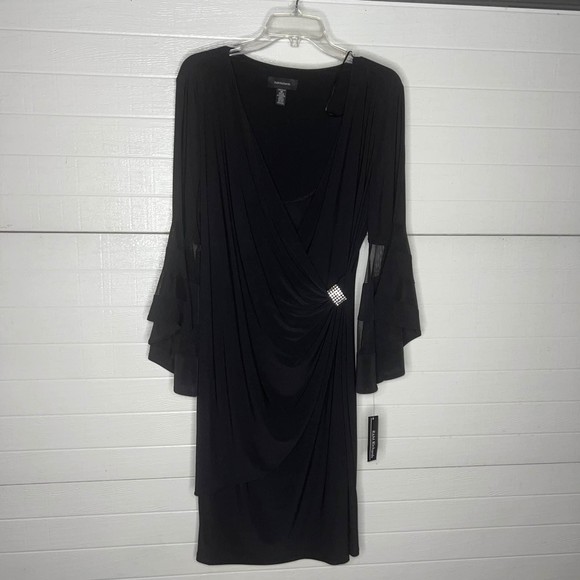 Women’s Size 16 Wraparound Knee-Length Dress with Bell Sleeves Black - Picture 4 of 8